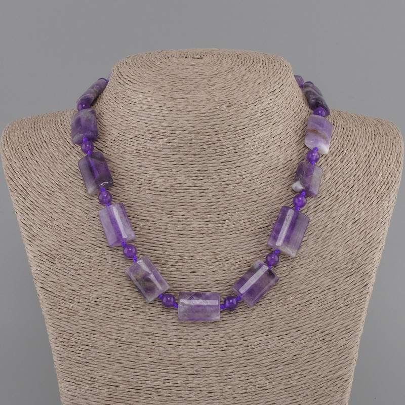 Amethyst necklace rectangles 19-21×13-15mm ± smooth bead 6mm ± length 45cm ± with clasp