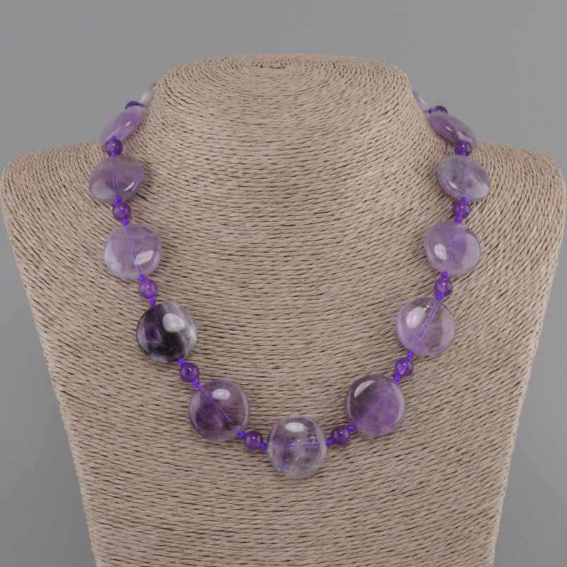 Necklace Amethyst coin 20mm+- smooth bead 6mm+-, length 45cm+- with clasp