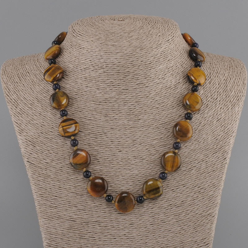 Tiger's Eye necklace coin 15–16mm+- Aventurine "Night of Cairo" bead 6mm+-, length 45cm+- with clasp