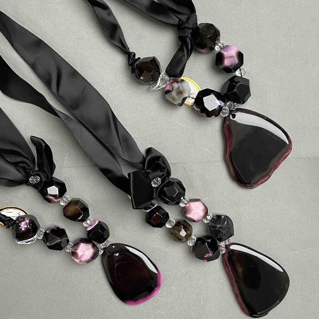 Agate necklace-collier Czech crystal on ribbon, length 62 cm+