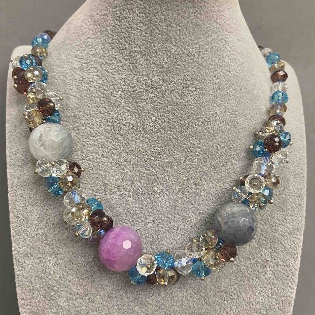 Necklace Agate Czech crystal, length 55 cm+