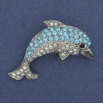 Brooch Dolphin rhinestones silvery metal 44x25mm+
