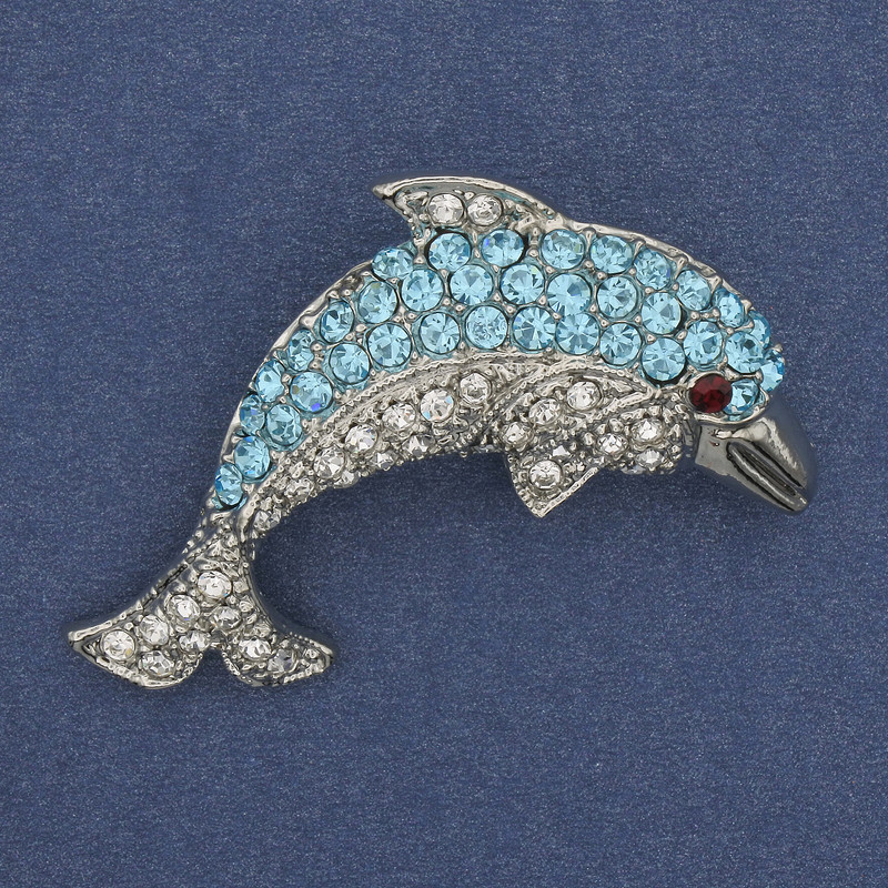 Brooch Dolphin rhinestones silvery metal 44x25mm+