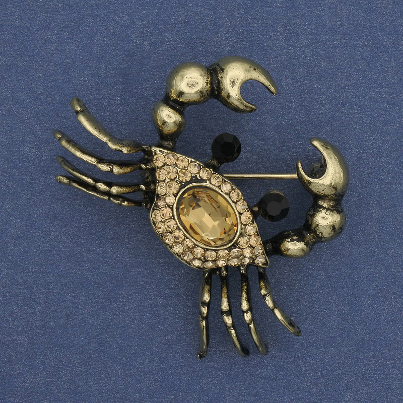 Brooch Crab rhinestones golden metal 43x35mm +