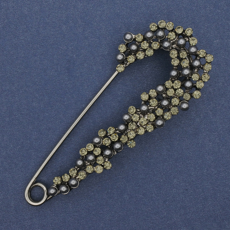 Broc h pin with rhinestones and Mallorca pearls 75x31mm+- silver-tone metal