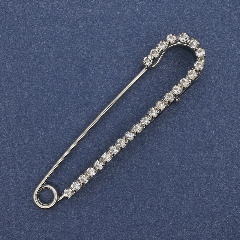 Brooch pin white rhinestones 72×16mm± silver-tone metal
