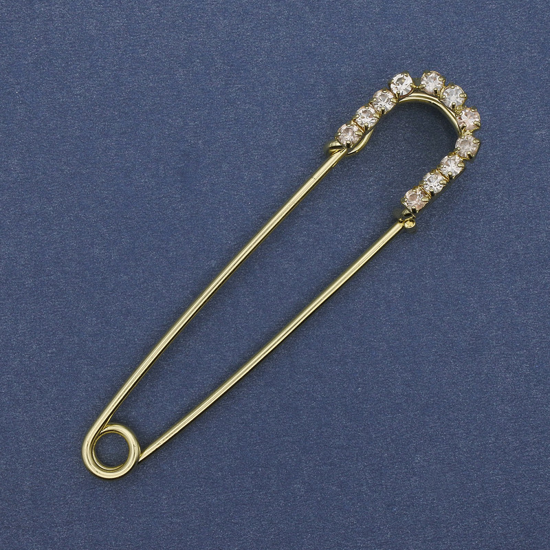 Pin brooch "stick pin" white rhinestones 70x16mm ± gold-toned metal