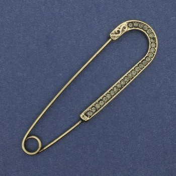Broc h pin with gray rhinestones 68x19 mm ± gold-tone metal