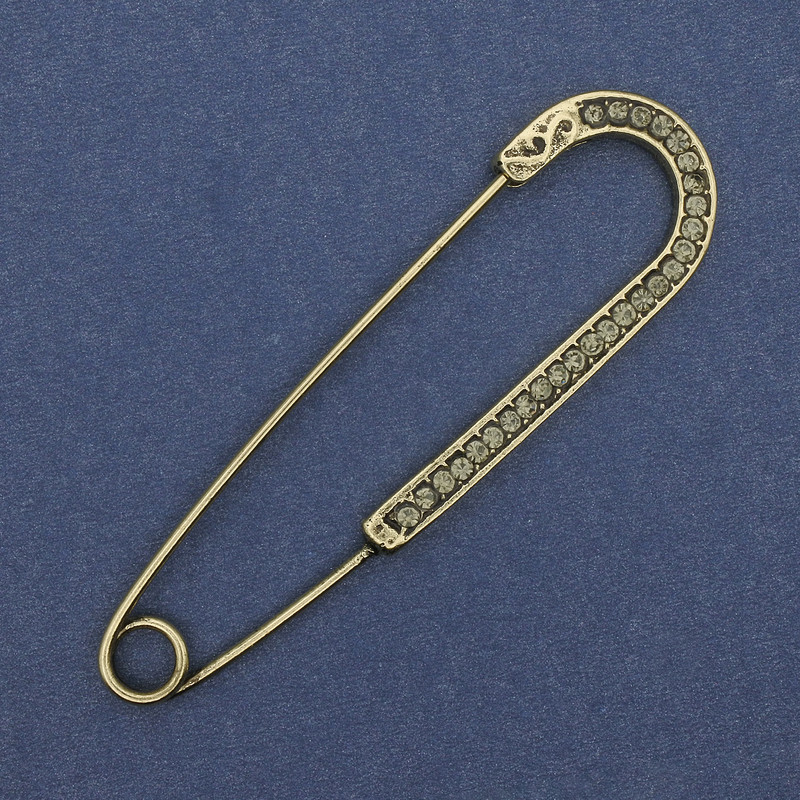 Broc h pin with gray rhinestones 68x19 mm ± gold-tone metal