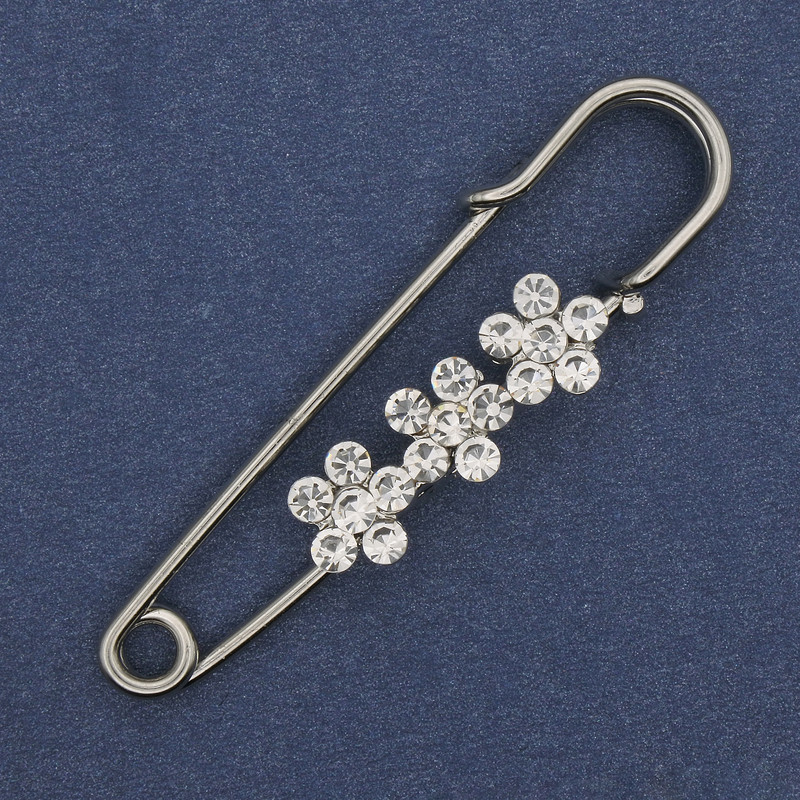 Brooch pin white rhinestones 48x10mm+- silver-colored metal