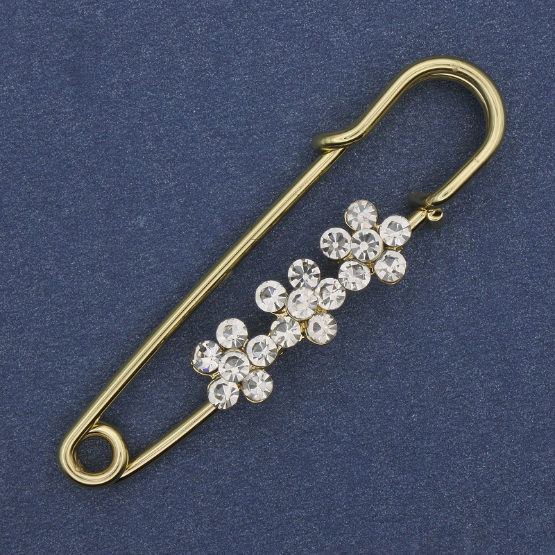 Stick pin brooch, white rhinestones 48x10mm+- gold-toned metal