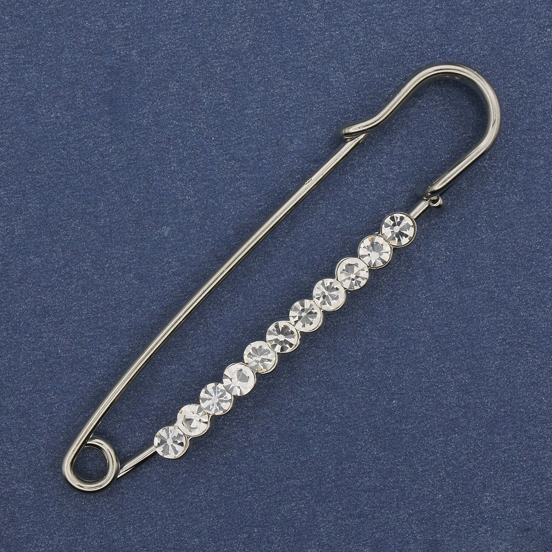 Brooch pin, white rhinestones 60x12mm ± silvery metal