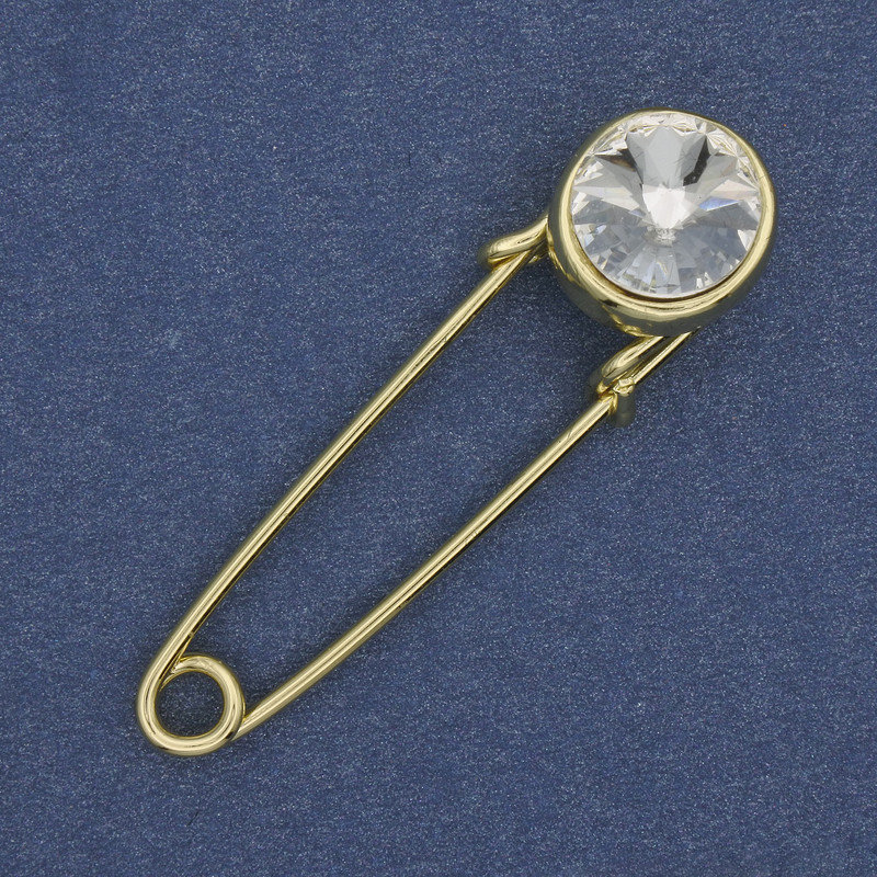 Brooch pin white crystal 38x10mm+- golden metal