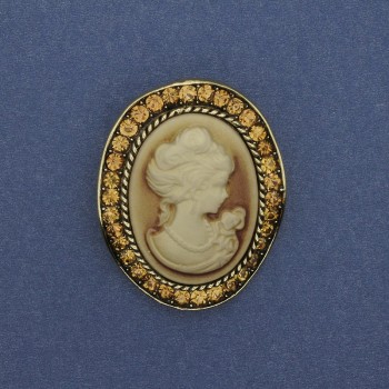 Cameo pendant brooch "Lady" with rhinestones, gold-colored metal 43x38 mm +