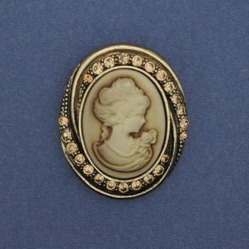 Cameo pendant brooch Lady with rhinestones, gold-tone metal 44×37 mm +