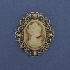 Cameo pendant brooch Lady, rhinestones, gold-tone metal 48x44mm +