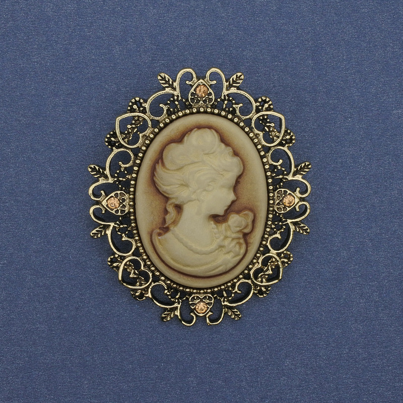 Cameo pendant brooch Lady, rhinestones, gold-tone metal 48x44mm +