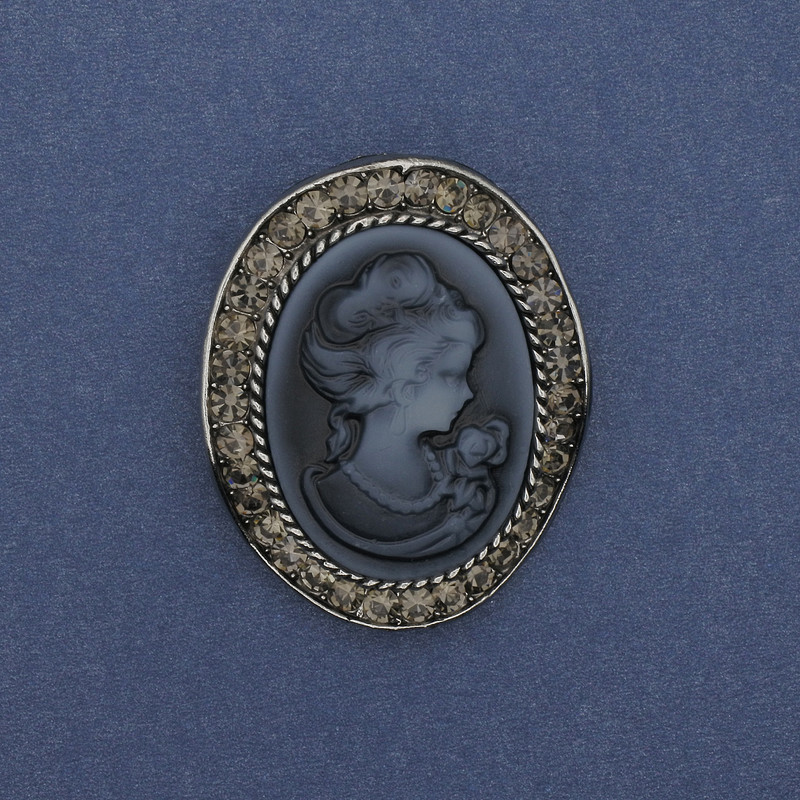 Cameo pendant brooch Lady with rhinestones, silver-tone metal 43x38 mm +