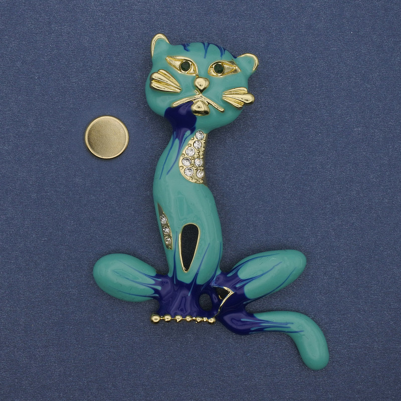 Cat brooch on a magnet enamel rhinestones gold-tone metal 62x56mm+