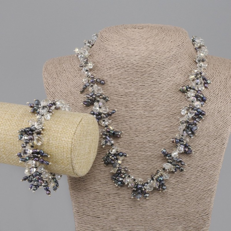Set of freshwater pearls and Czech crystal necklace, length 49 cm +- bracelet, length 19 cm +- with clasp
