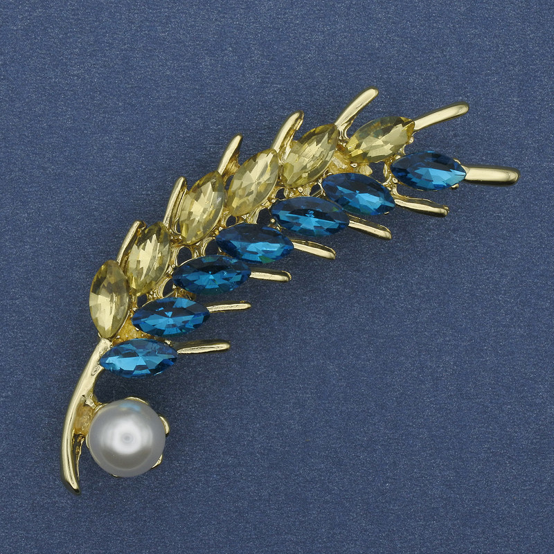 Brooch "Ears of Wheat" yellow and blue rhinestones pearl gold-toned metal 55x15 mm +