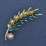 Brooch "Ears of Wheat" yellow and blue rhinestones pearl gold-toned metal 55x15 mm +