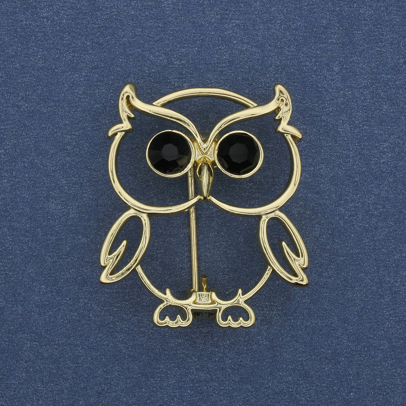 Owl brooch with rhinestones gold-tone metal 30x26mm+