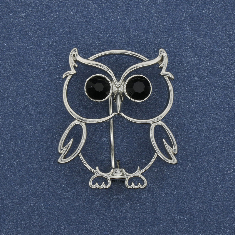 Owl brooch with rhinestones, silver-toned metal, 30x26mm+
