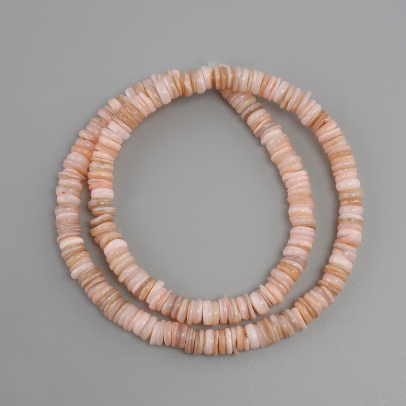Shell beads Scapharca rondelle, diameter 6.5 mm, 1.5–2 mm+- thickness, length 38 cm+- on a string