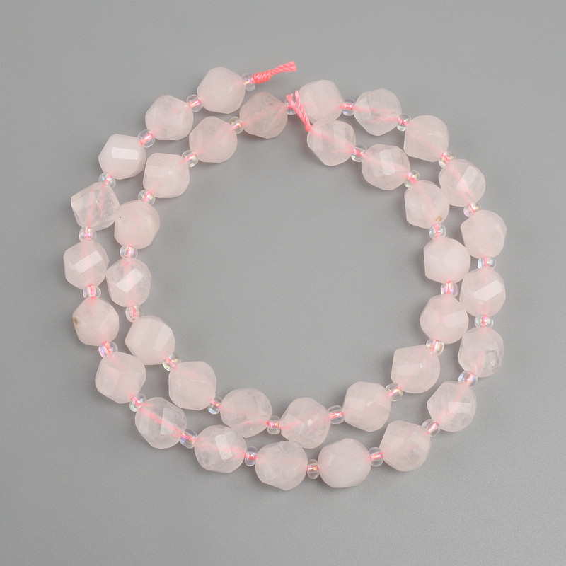 Pink Quartz beads faceted rhombus, diameter 8x7, 5mm+- seed bead 3mm+-, length 36cm+