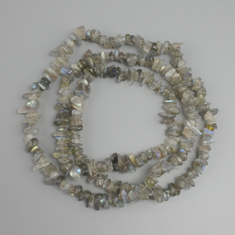Labradorite beads, tumbled chip, diameter 6-11x3-6mm ±, length 78mm ± on a nylon thread