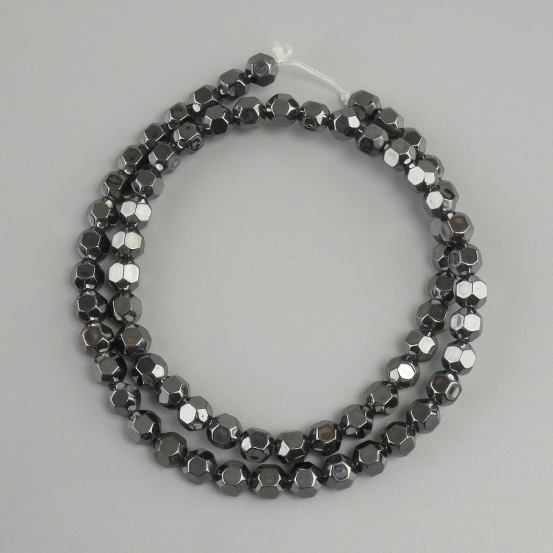 Hematite faceted bead, faceted ball, diameter 6mm ±, length 39cm ± on a nylon thread