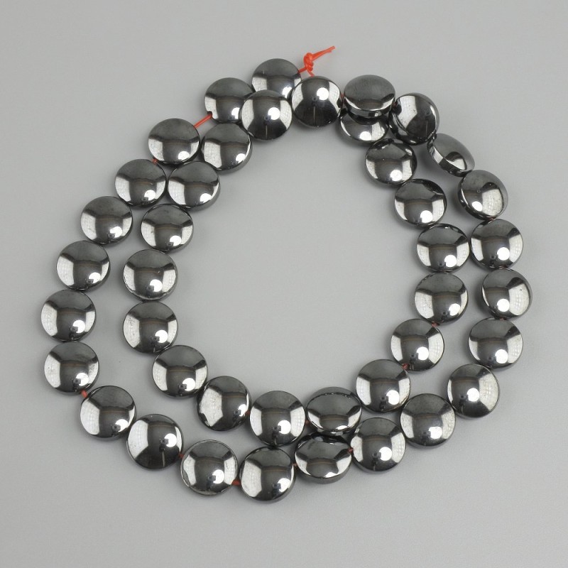 Hematite beads coin shape, diameter 10mm+/-, length 40cm+/- on a nylon cord