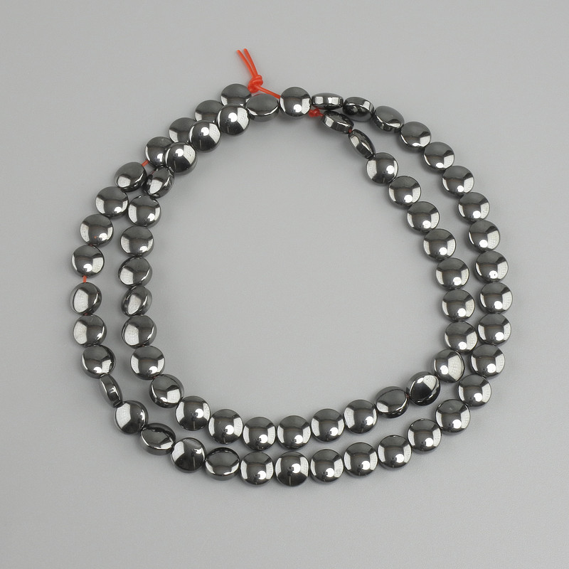 Hematite coin beads, diameter 6mm +/-, length 41cm +/- on a nylon thread