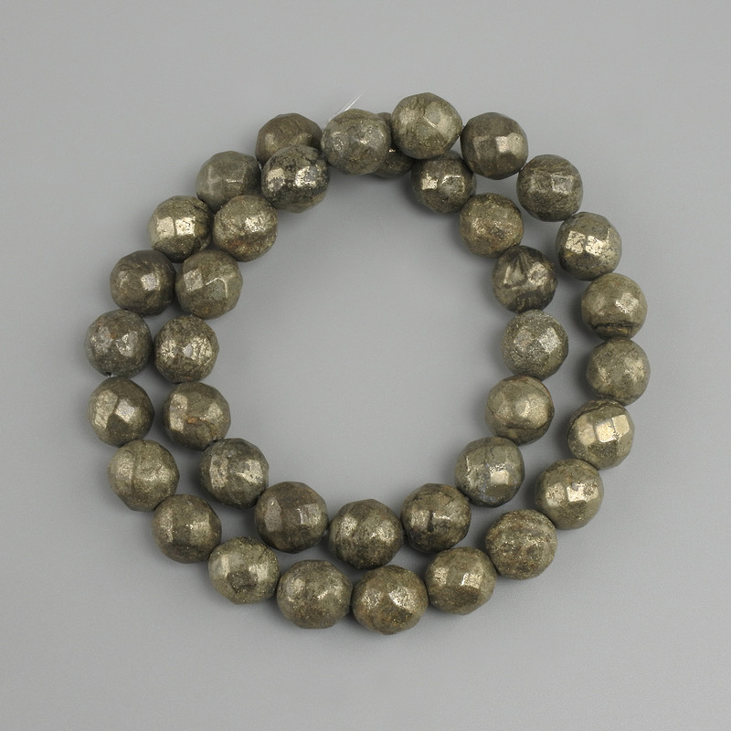 Pyrite faceted bead, bead diameter 9.5 mm +/-, length 38 cm +