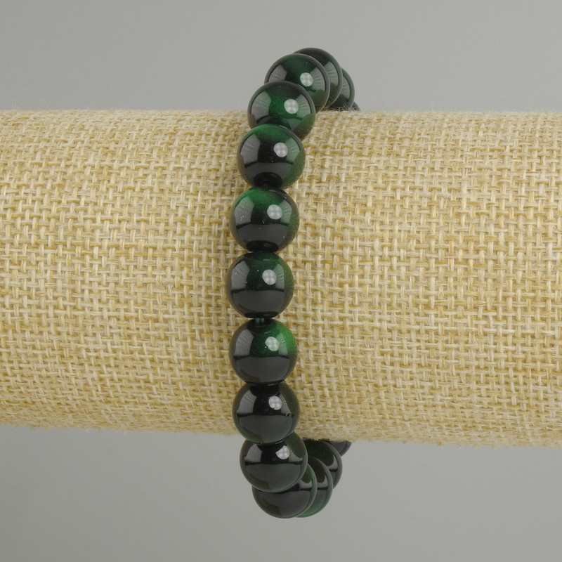 Bracelet Green Tiger's Eye Smooth Bead, Diameter 10mm ±, Length 18cm ± Stretch