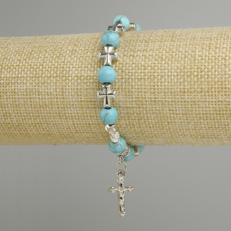 Turquoise bracelet smooth bead 8mm, length 18cm with inserts and cross pendant