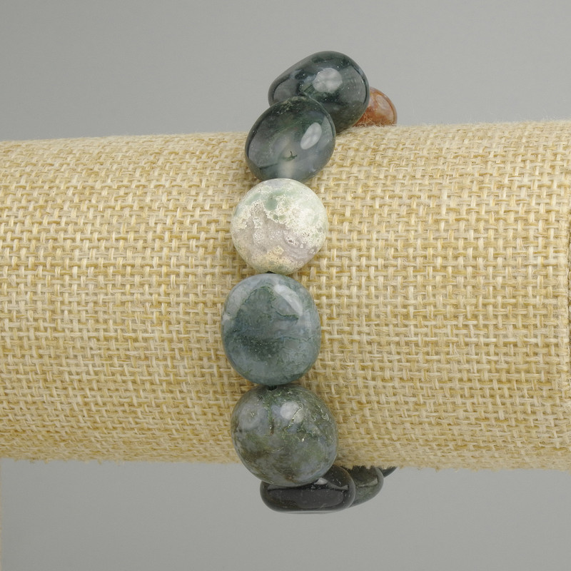 Bracelet Moss Agate tumbled, diameter 13-16x13-15mm+-, length 18cm+- stretch
