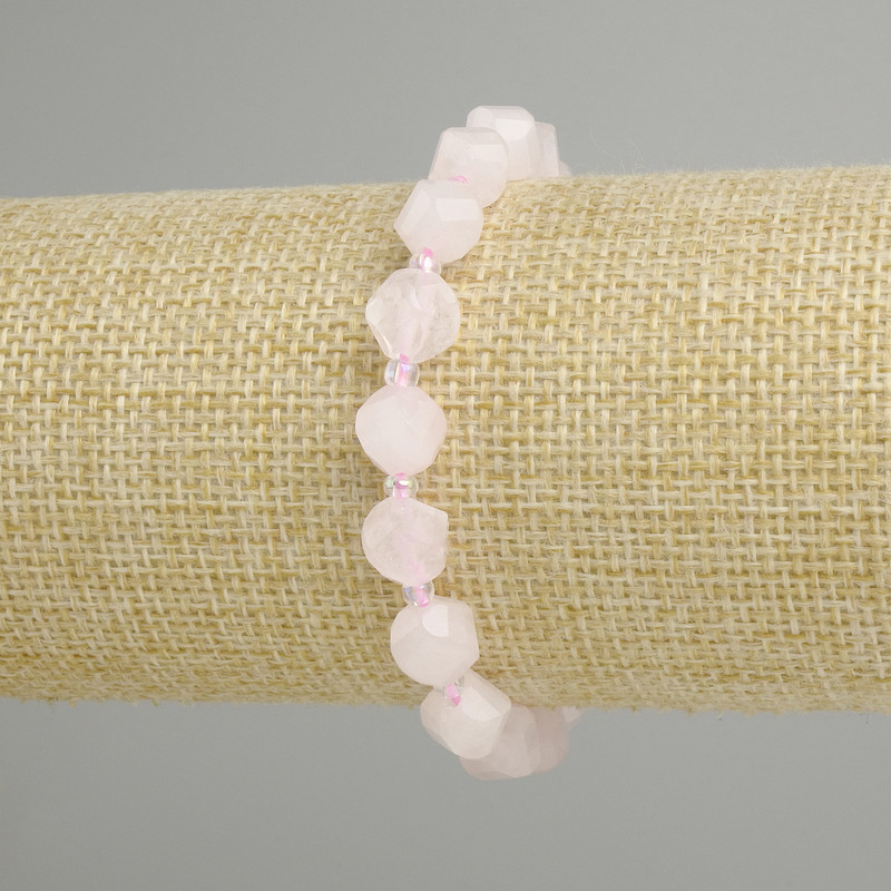 Rose quartz bracelet faceted rhombus, diameter 8x7mm ± bead 3mm ± length 18cm ± stretch