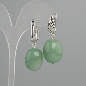 Jade earrings, tumbled 19x14mm +/-, length 40mm +/-, silver-tone metal