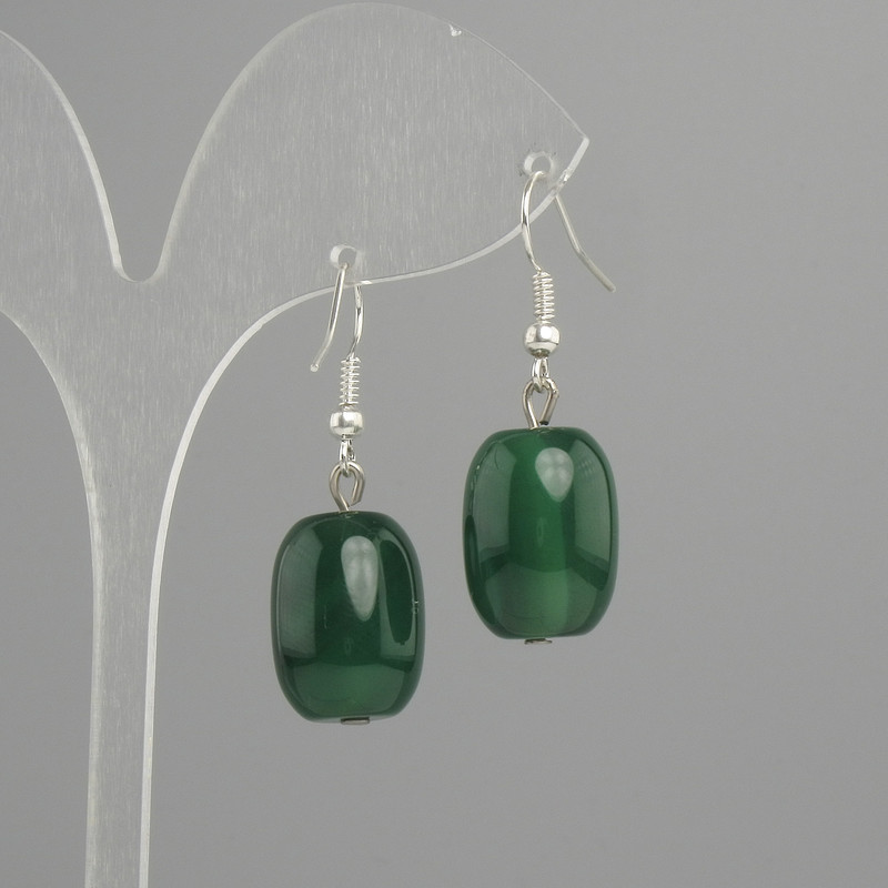Earrings Chrysoprase barrel 18x13 mm+-, length 37 mm+-, silver-toned metal
