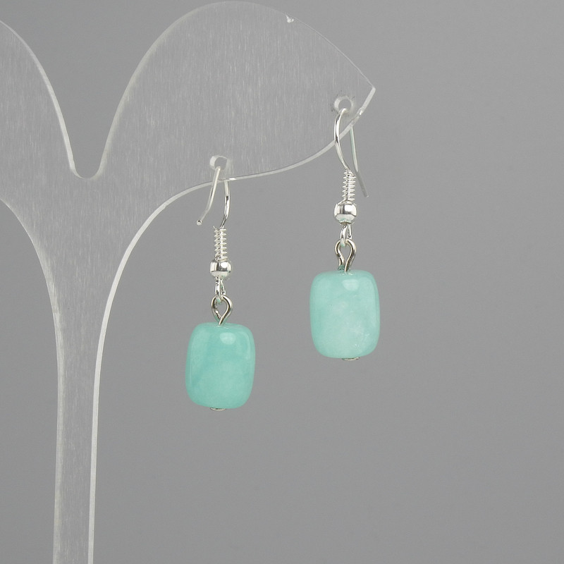 Earrings Amazonite barrel 11x9mm +-, length 30mm +-, silver-colored metal