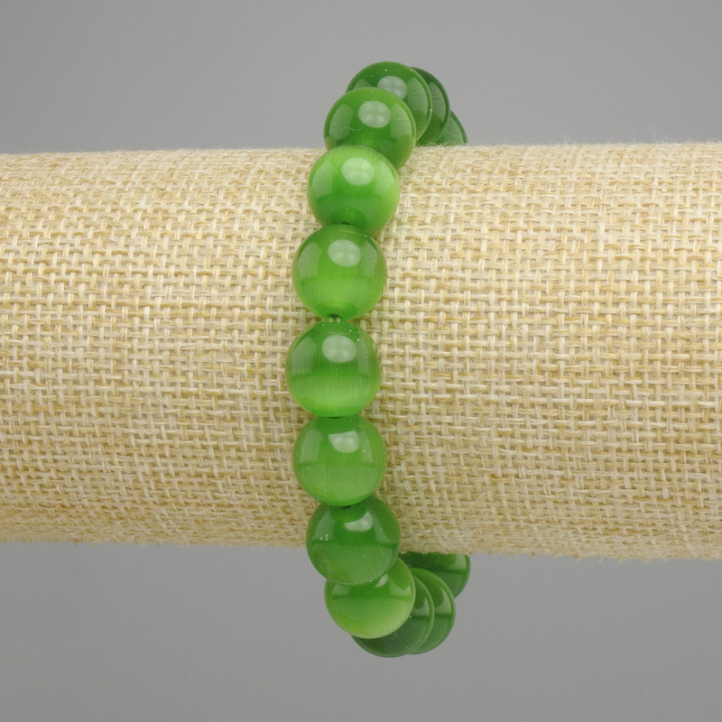 Cat's Eye green bracelet, smooth round bead, diameter 11 mm ±, length 18 cm ± stretch