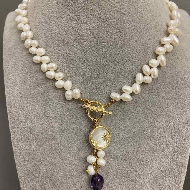Necklace with freshwater pearls oval butterfly pendant, diameter 6.5–7.5x4.5–5 mm±, with pendants, length 41 cm + toggle