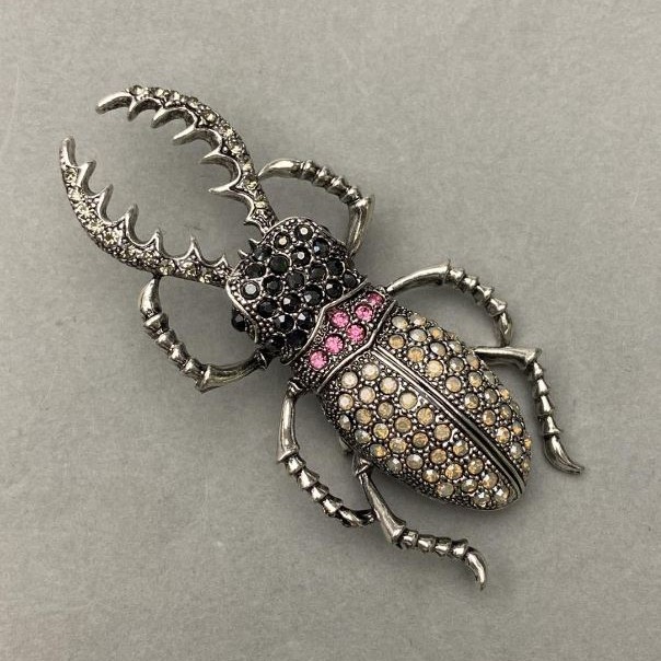 Brooch May Bug with Rhinestones, silvery metal 37x78 mm