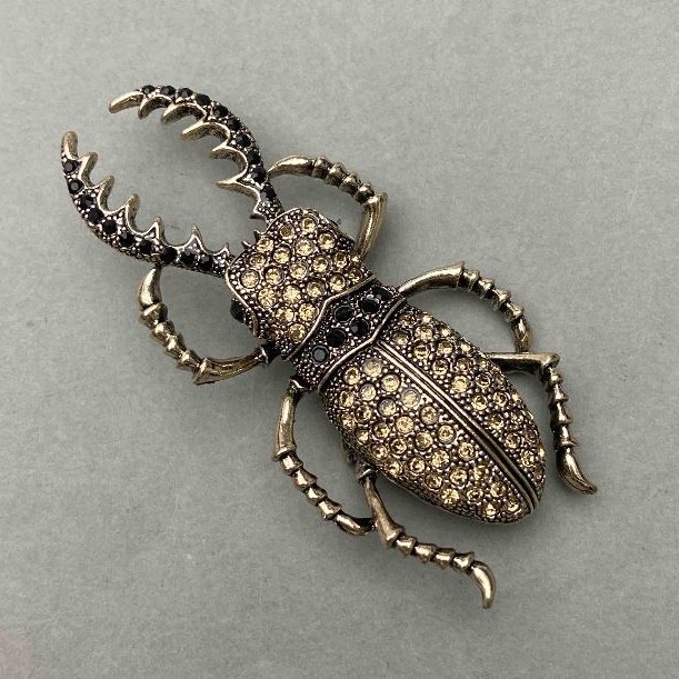 Brooch May beetle with rhinestones gold-tone metal 37x78mm