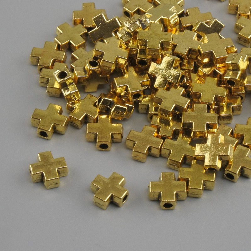 Bead Inlay Cross gold color metal, diameter 6×6mm ± hole diameter, diameter 1.8mm ± packaged 20g (~66 pcs)