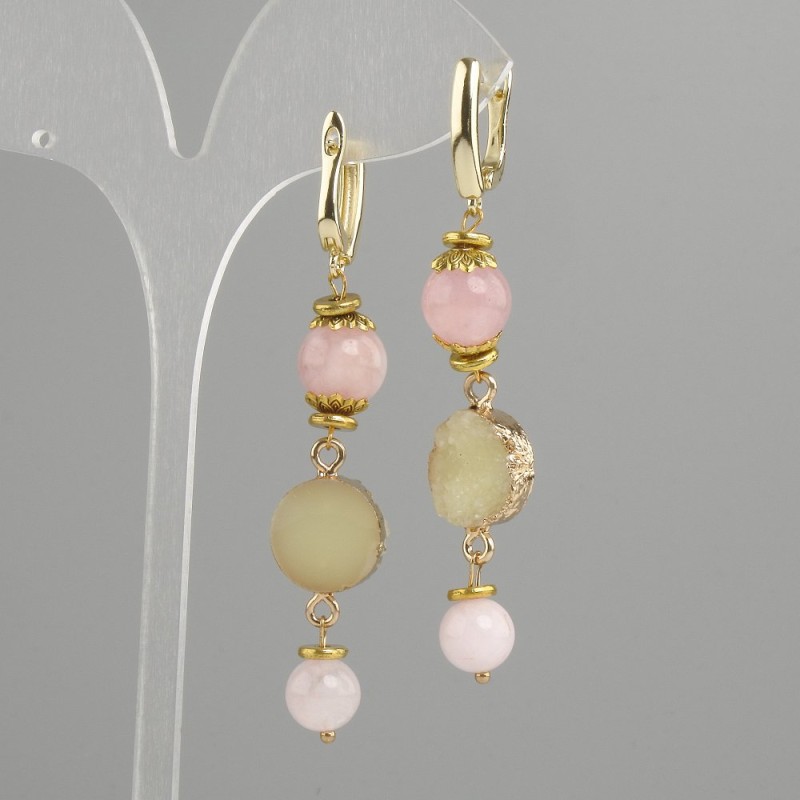 Earrings Rose Quartz smooth bead, diameter 8mm+- 10mm+- Druzy, diameter 14mm, length 68mm