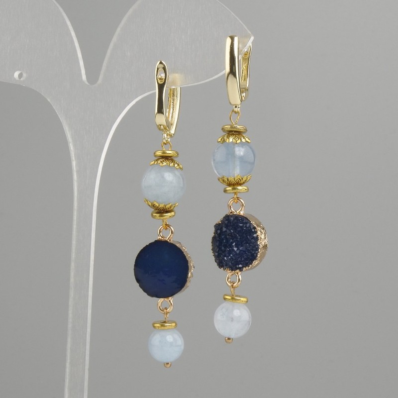 Aquamarine earrings smooth bead, diameter 8mm+- 10mm+- Druzy, diameter 14mm, length 68mm