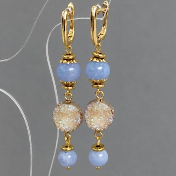 Aquamarine earrings smooth bead, diameter 8mm+- 10mm+- Druzy, diameter 14mm, length 68mm